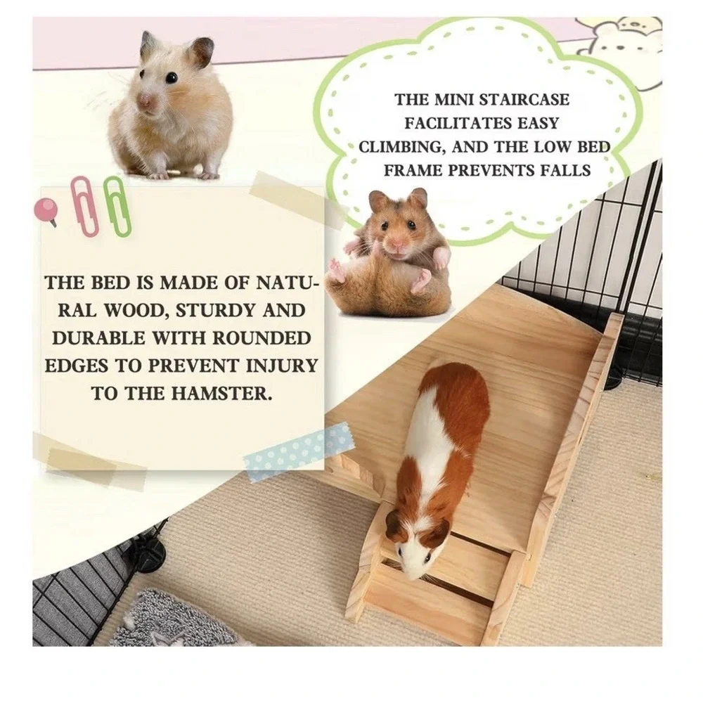 Solid Wood Hamster Bed With‎ Mini Staircase, Low Bed Frame For Small Animal